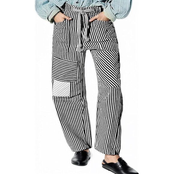 Women’s Wide Leg Denim Jeans Striped Patchwork Boyfriend Style Casual - Picture 1 of 5